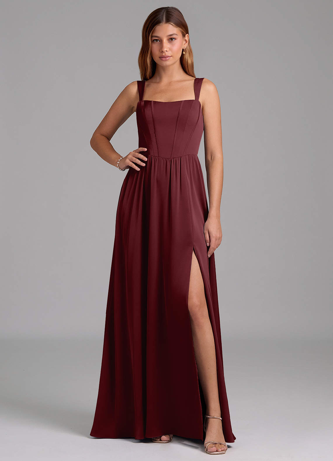 Azazie Rosaline Bridesmaid Dresses Cabernet A-Line Side Slit Stretch Satin Dress image1