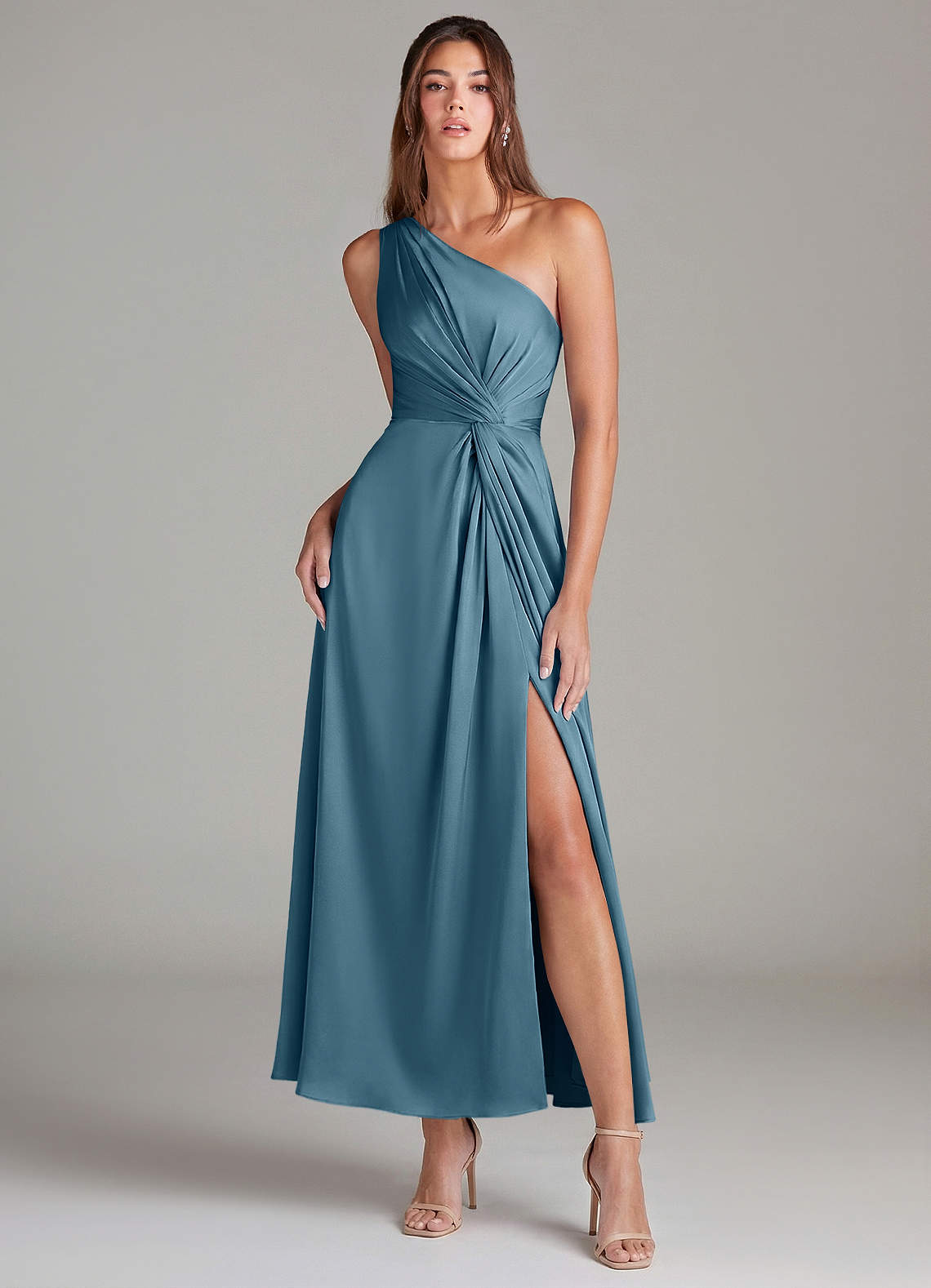 short sleeve stretch charmeuse bridesmaid dress Azazie Brooke Ready to Ship Bermuda Satin Dresses line skirt