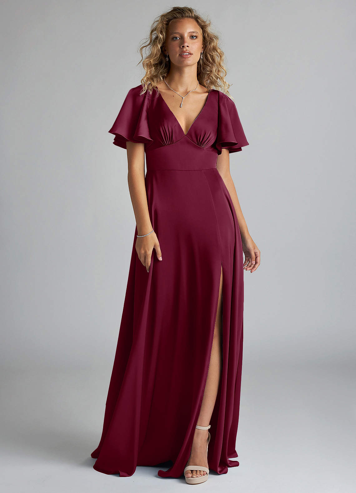 Azazie Kimber Bridesmaid Dresses Mulberry A-Line Ruched Stretch Satin Dress image2