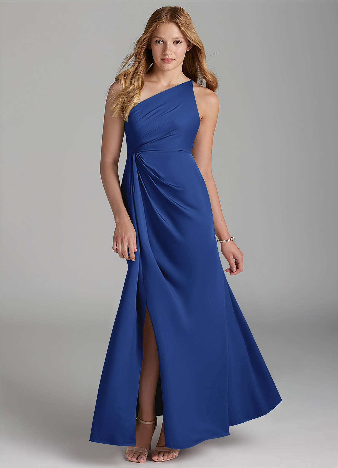 Azazie Mika Junior Robe Trapèze en Satin extensible Plissée Bleu Roi image1
