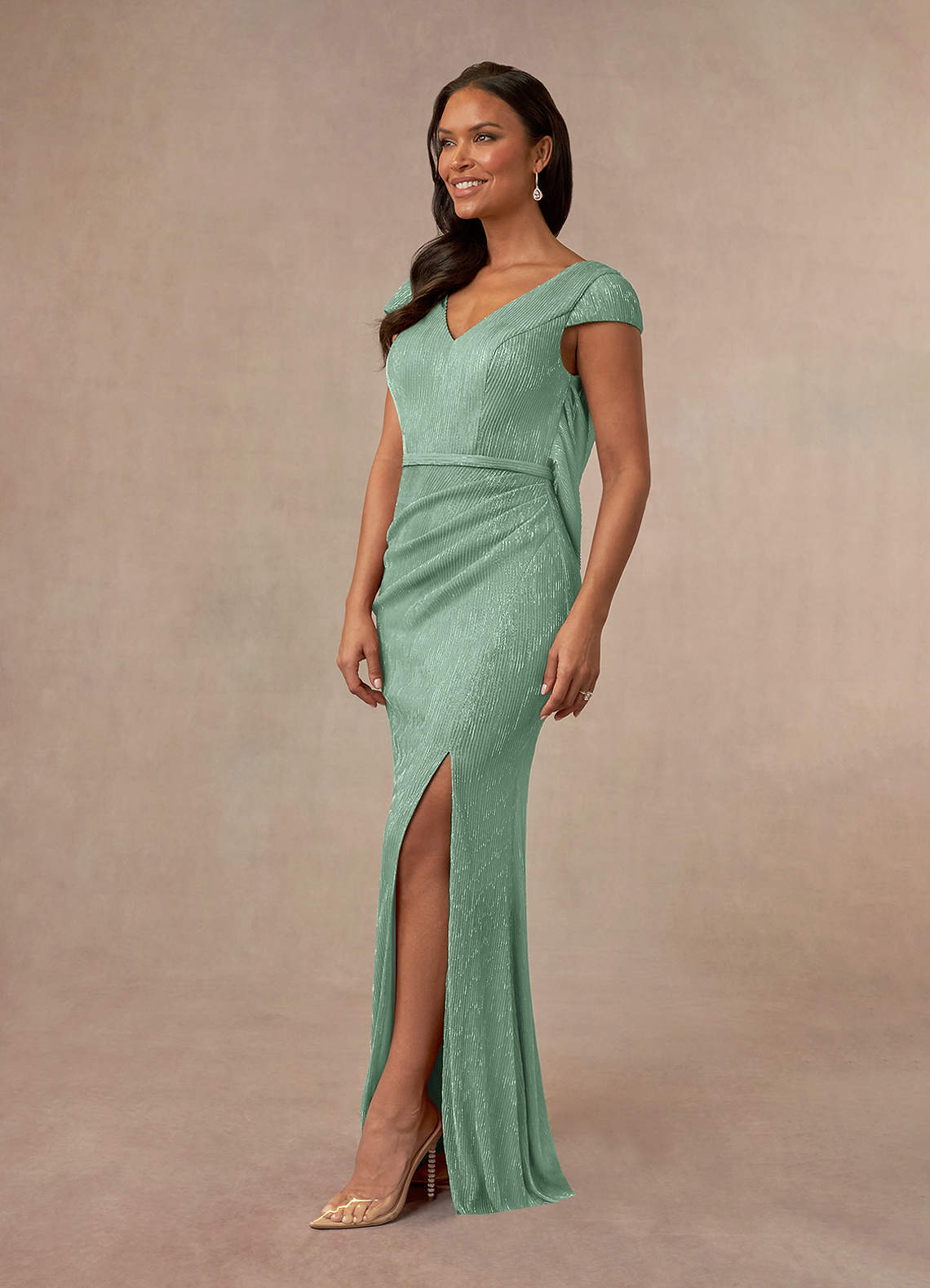Azazie Galilea Mother of the Bride Dresses Aquamarine Mermaid V-Neck Metallic Mesh Dress image1
