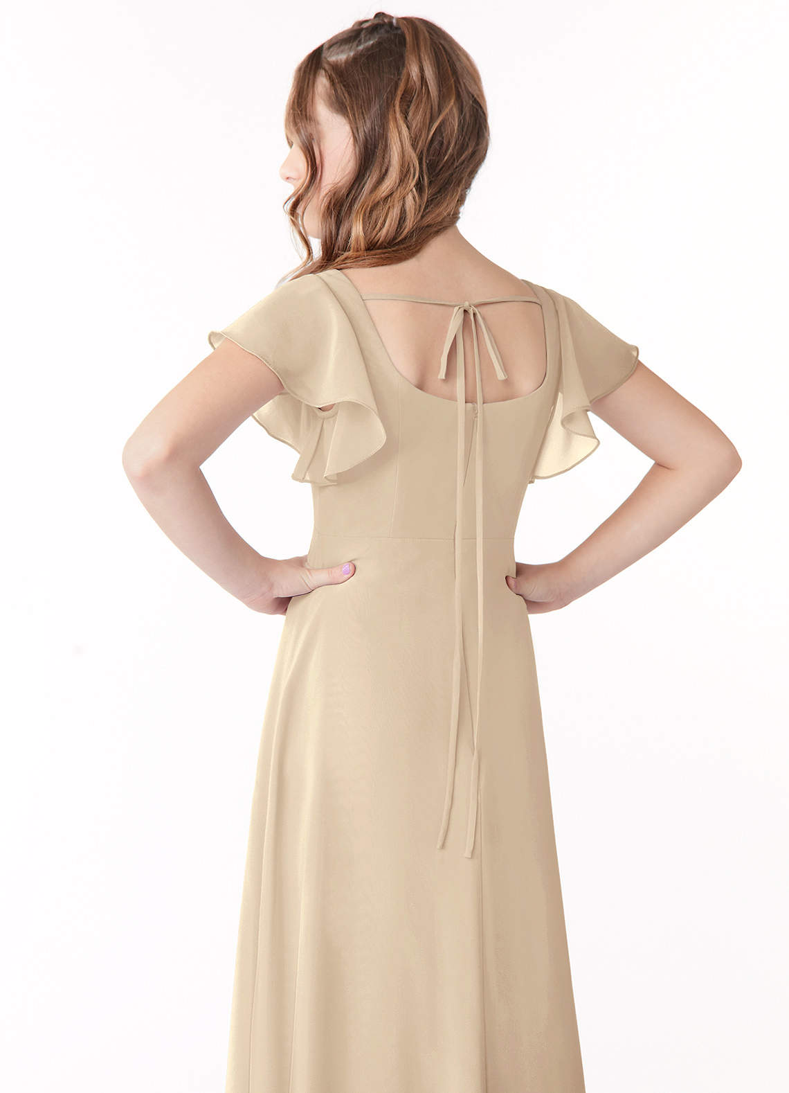 Azazie Bondi Junior Vestir Champanhe de Chiffon de Linha A com Arco image2