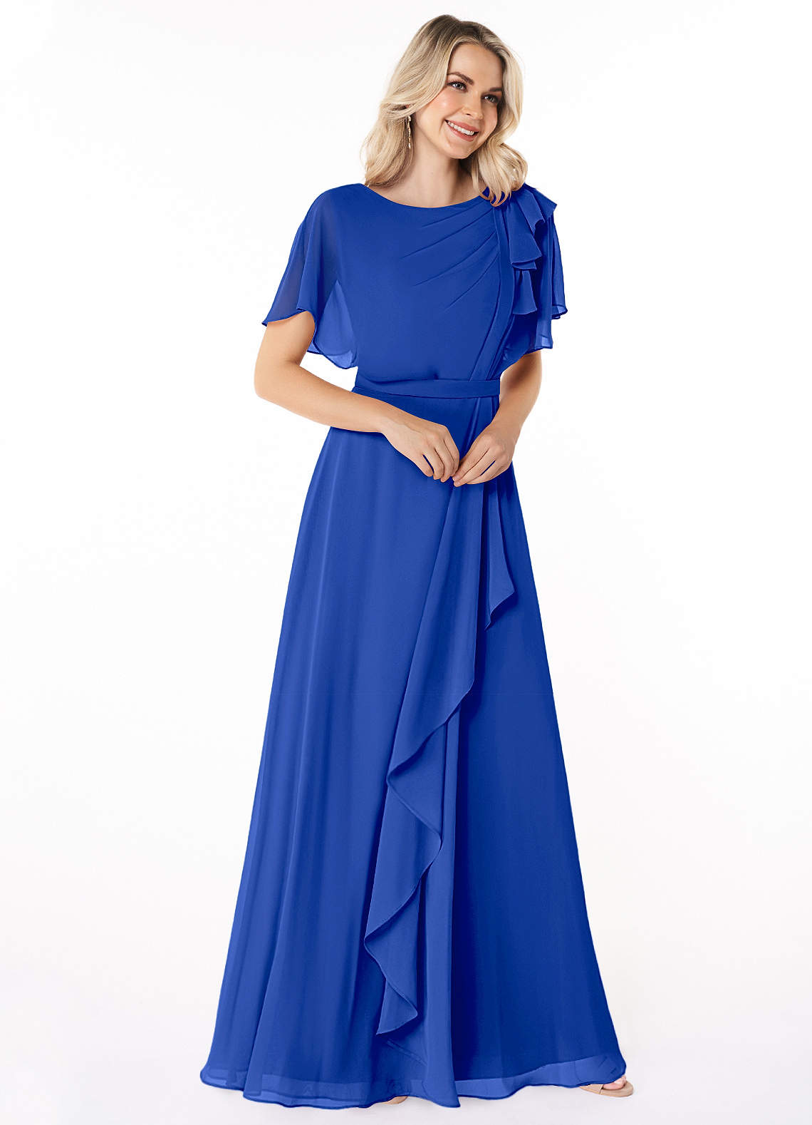Azazie Plus Size A-Line/Princess Scoop Neck Floor-Length Chiffon Modest Bridesmaid Dresses - Royal Blue