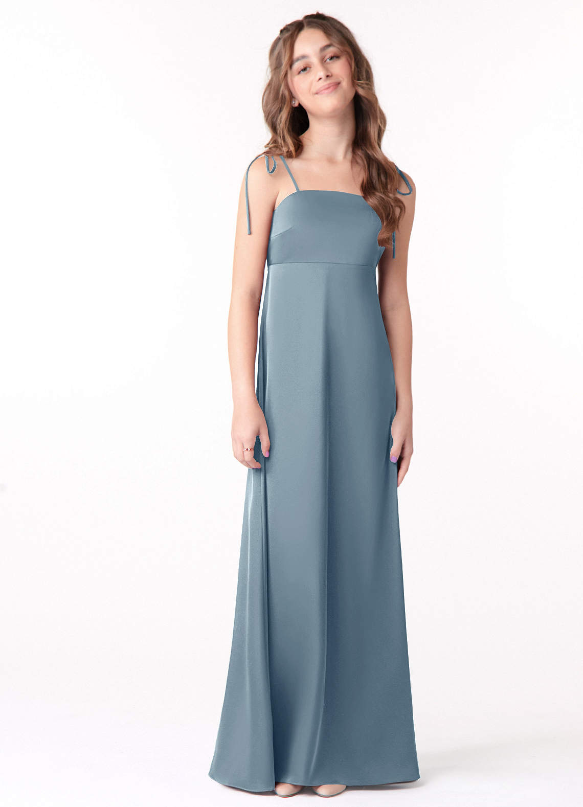 Azazie Violeta Vestido de Azul Polvoriento de Stretch Satin de Acampanado con Lazo image1