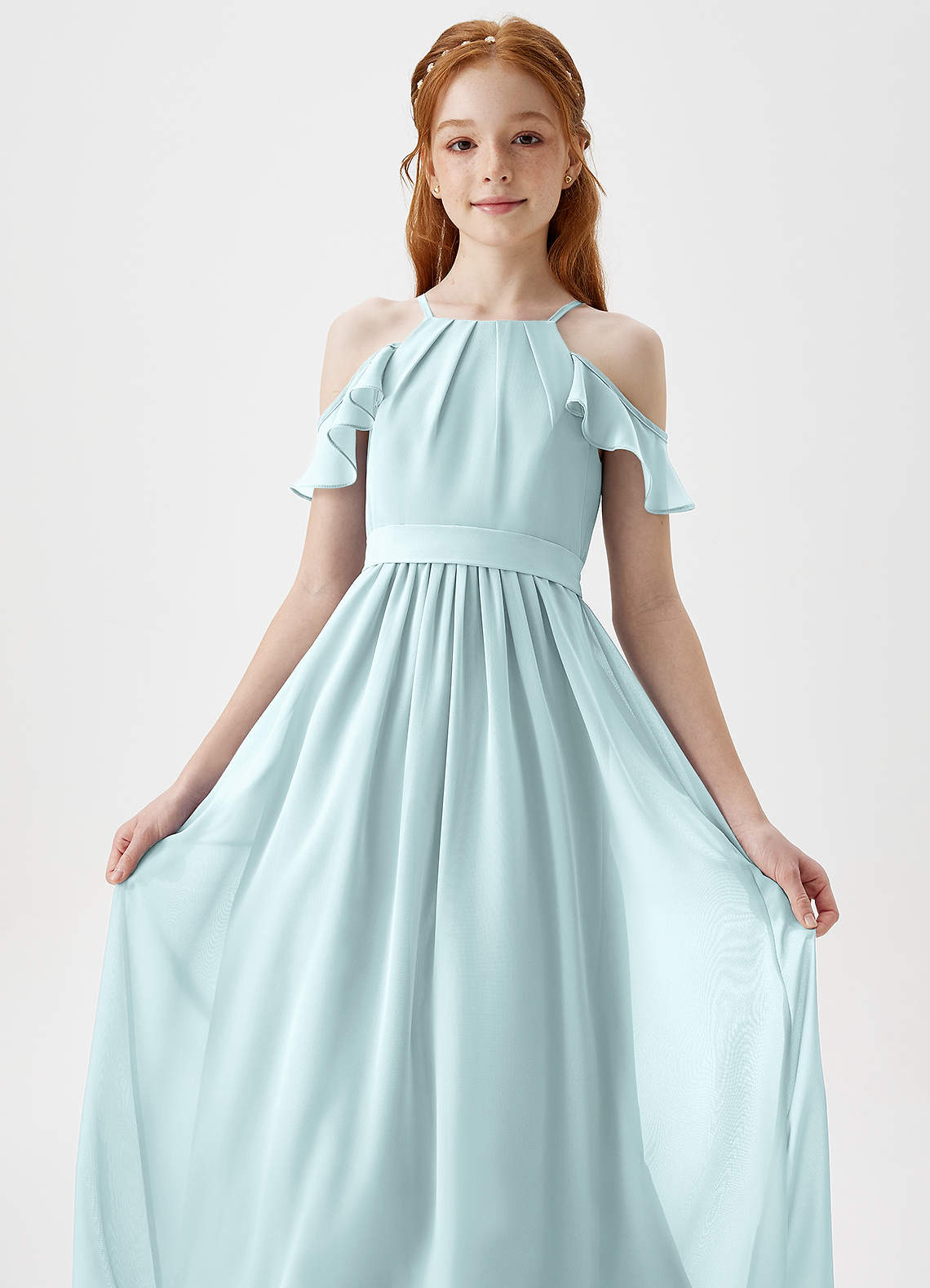 Azazie Chaya Junior Jurk van Chiffon met A-Lijn Off the Shoulder De Nevel image1