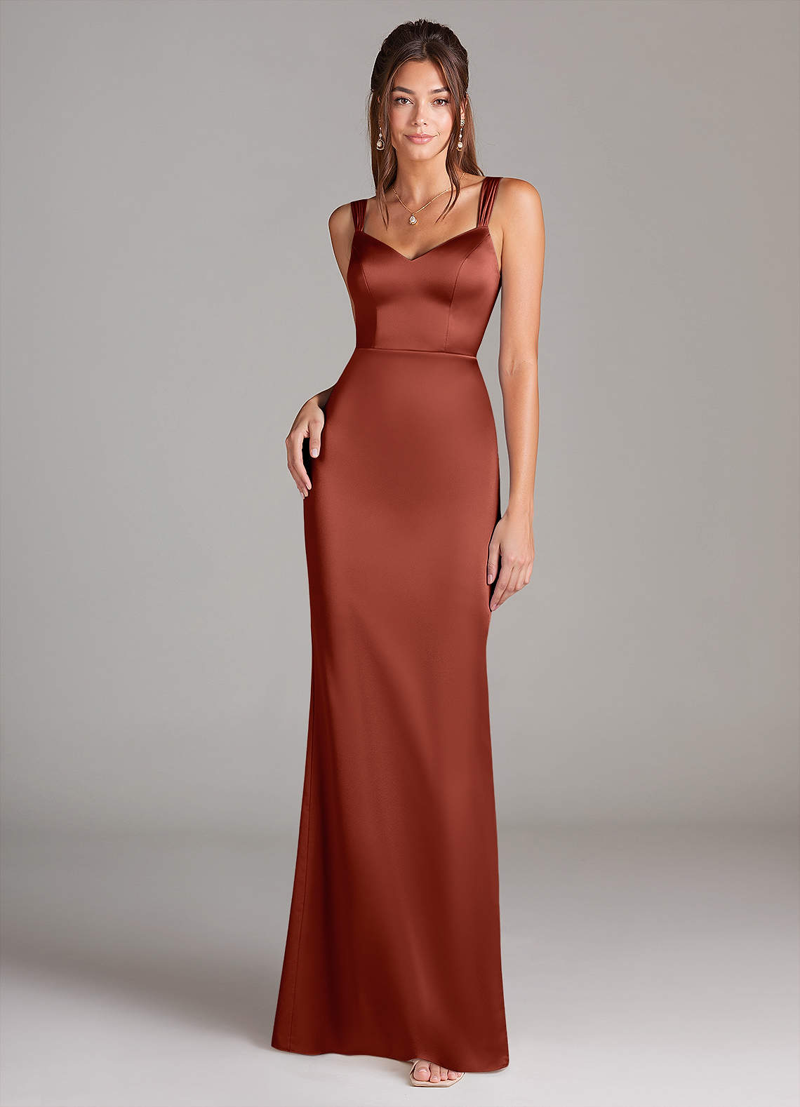 Azazie Denice Robes de demoiselle d'honneur Robe Fourreau en Satin extensible Plissée Terracotta image2