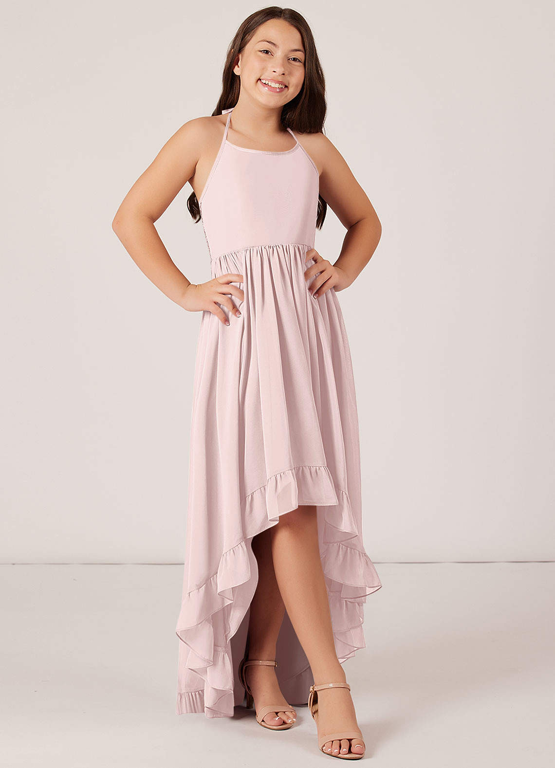 Azazie Sarafina Junior Vestido de Rosa Rubor de Gasa de Corte En A con Encaje image1