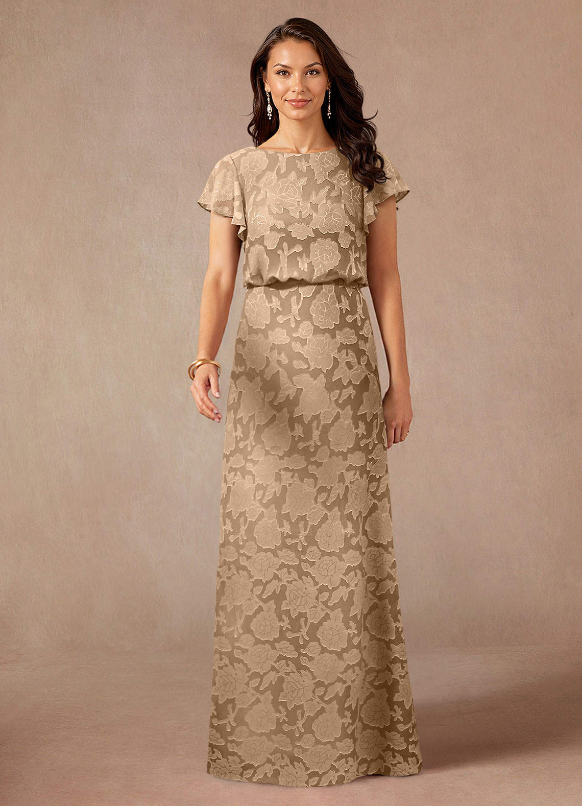 Azazie Lehi vestidos de madre de la novia Vestido de Champán de Devorado Floral de Corte En A con Cuello de barco image3