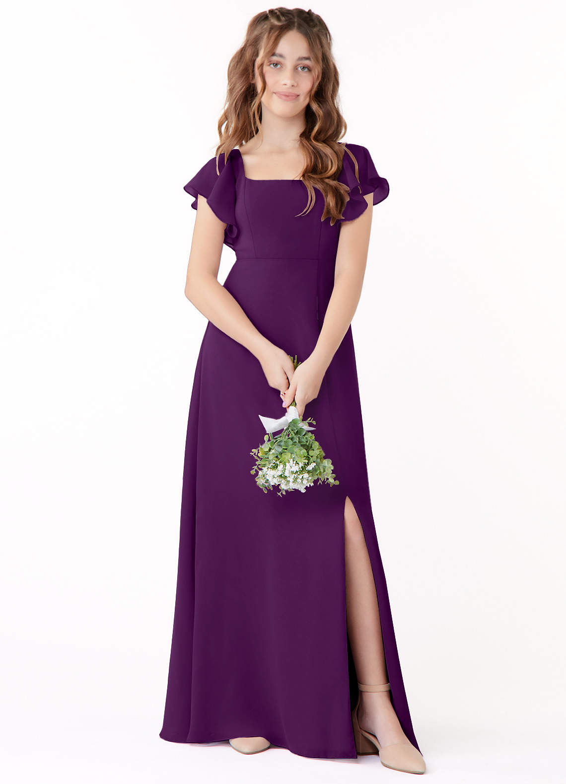 Azazie Bondi Junior Grape A-Line Bow Chiffon Dress image1
