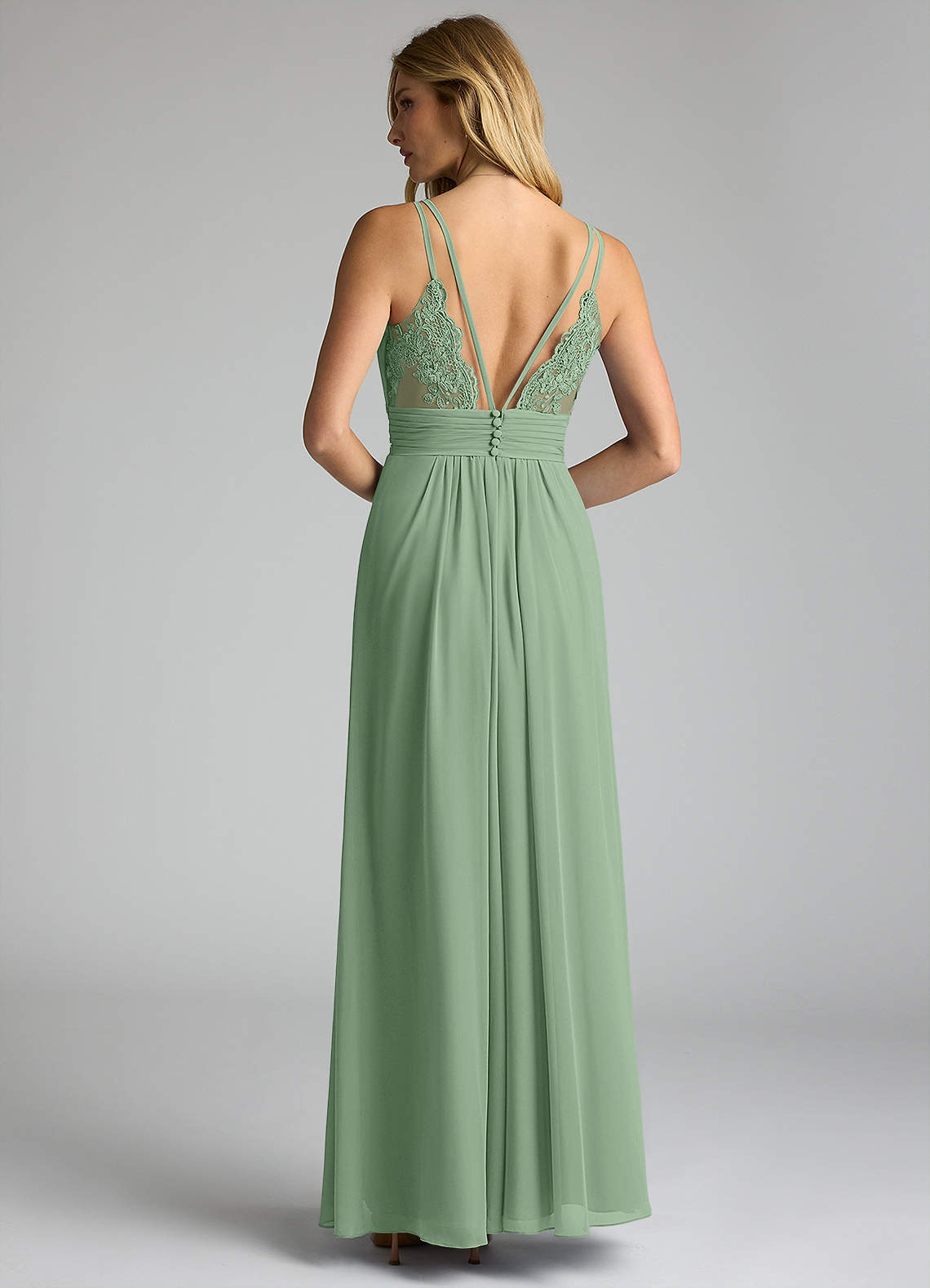 Azazie Maren Allure Brautjungfernkleider A-Linie V-Hals Spitze Chiffon Kleid Matcha image4
