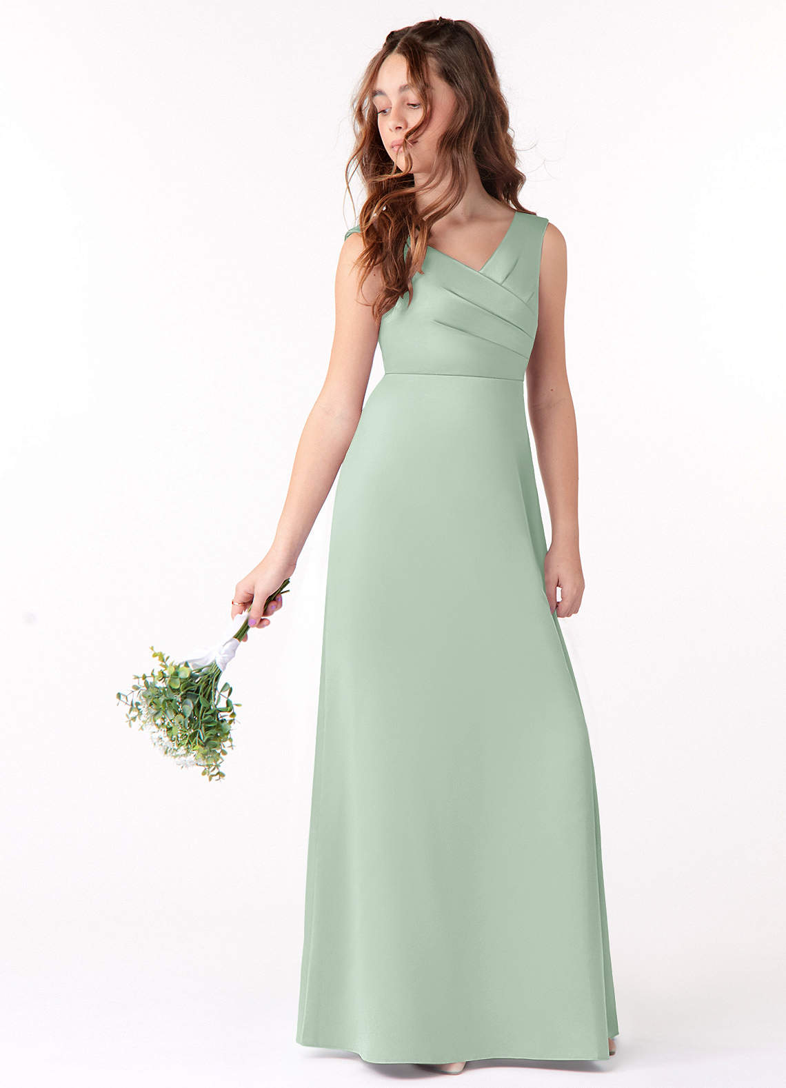 Azazie Sadia Vestido de Agave de Satin Mate de Acampanado con Plisado image1