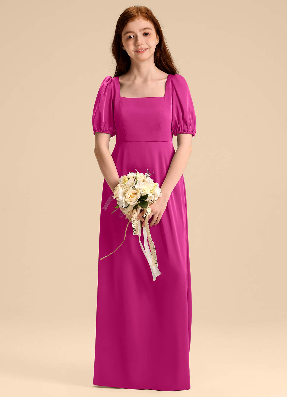 Azazie Briar Junior Jurk van Stretch Satijn met A-Lijn Boog Fuchsia image1
