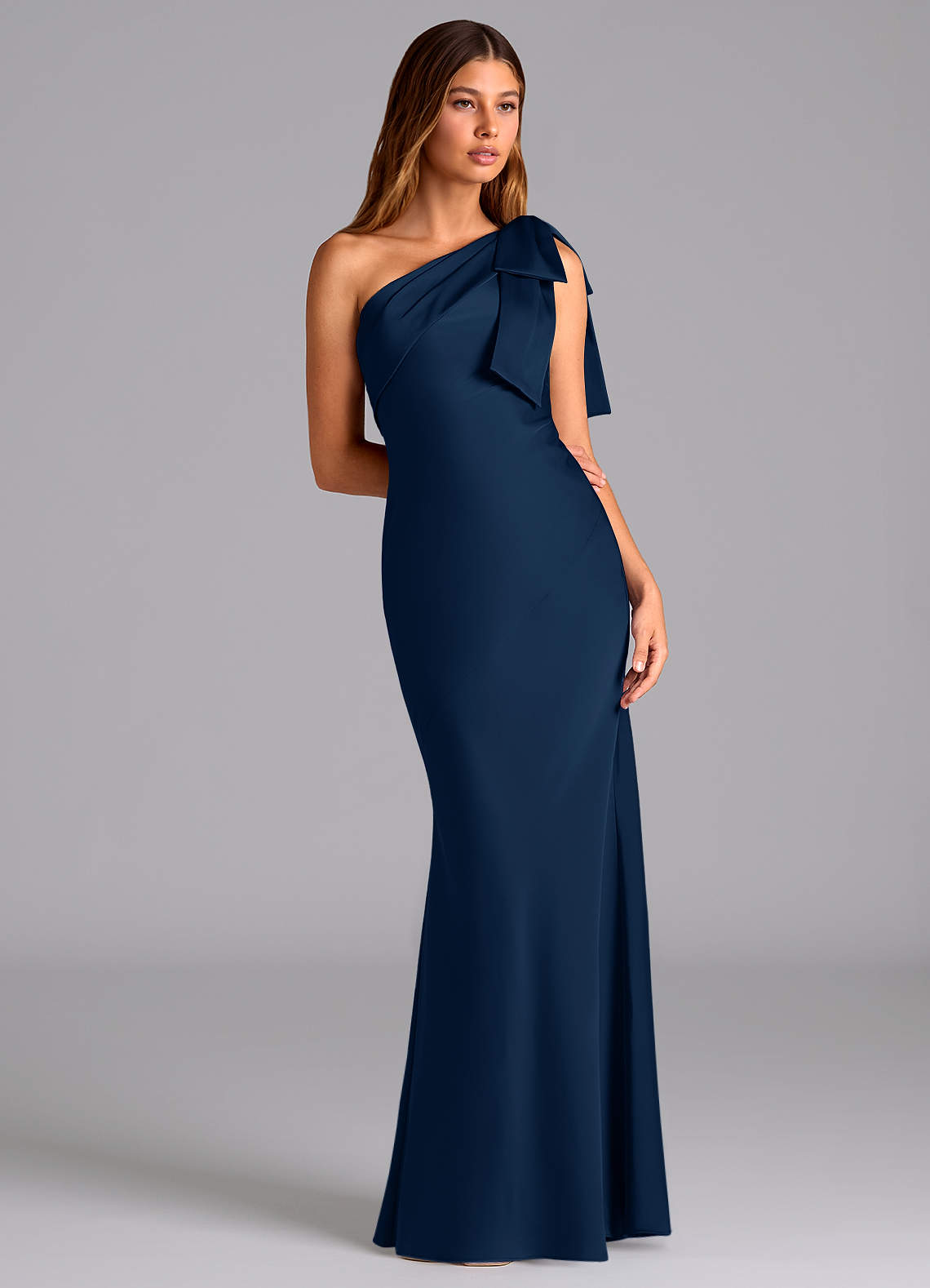 Azazie Yuanna Bridesmaid Dresses Dark Navy Mermaid One Shoulder Stretch Satin Dress image4