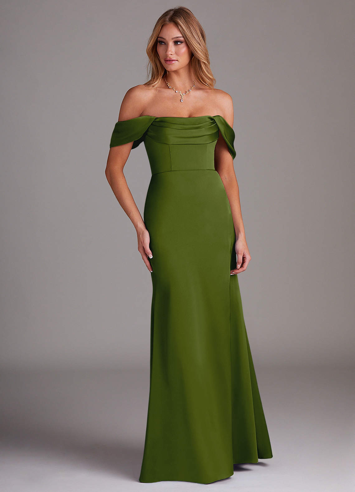 Azazie Saige Bridesmaid Dresses Juniper Sheath Off the Shoulder Stretch Satin Dress image3
