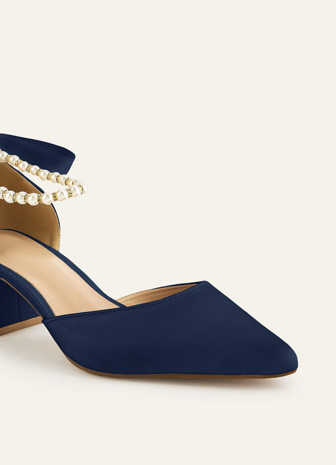 front Matching Color Matte Satin Pearl and Bow Pointed Toe Block Heels