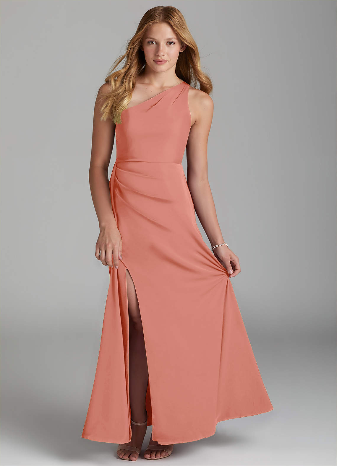 Azazie Maron Junior Coral A-Line Pleated Stretch Satin Dress image1