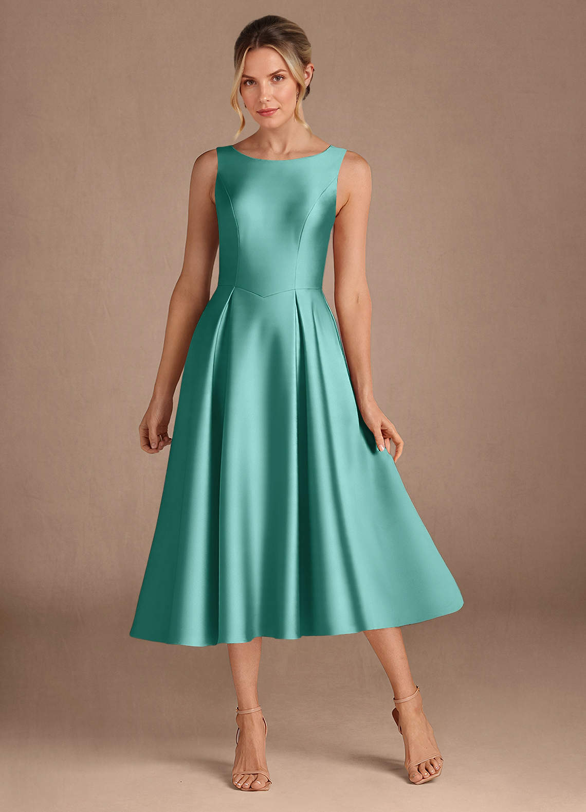Azazie Fulton Mother of the Bride Dresses Aqua A-Line Pleated Stretch Satin Dress image1