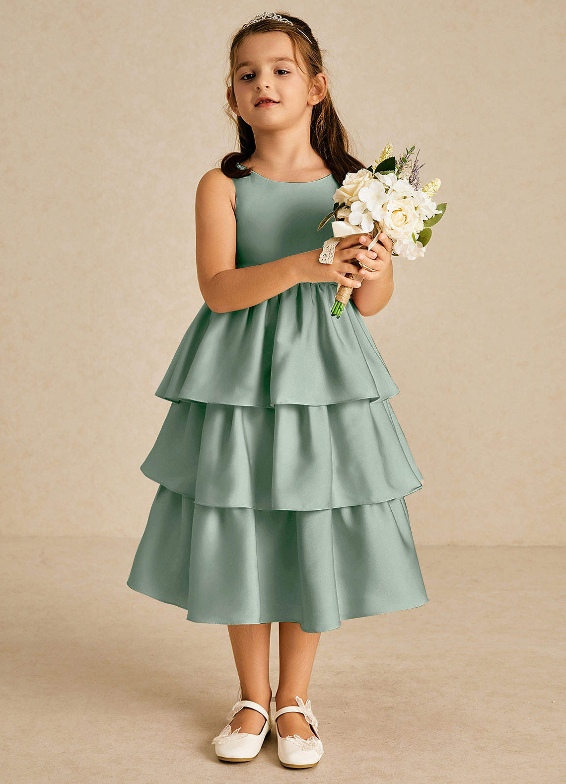 Azazie Margery Flower Girl Dresses Agave A-Line Bow Stretch Satin Dress image1