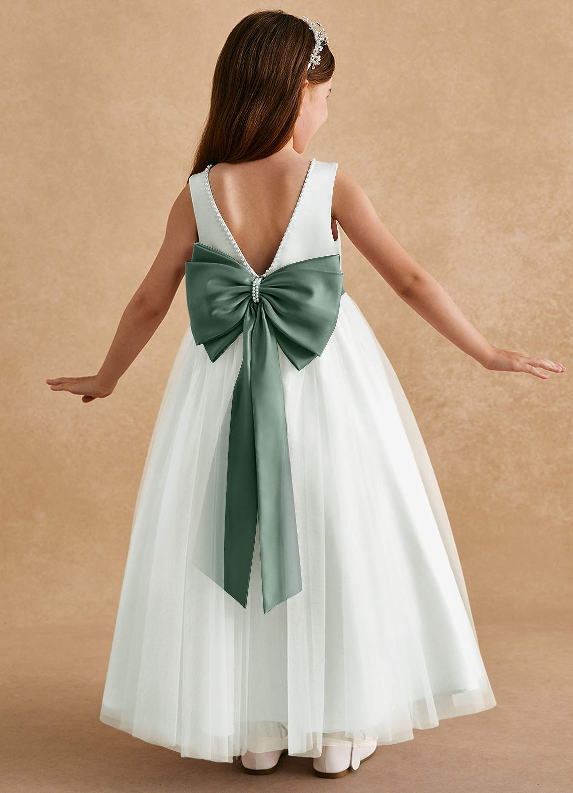 Azazie Cookie Flower Girl Dresses Ivory Eucalyptus A-Line Bow Tulle Dress image1