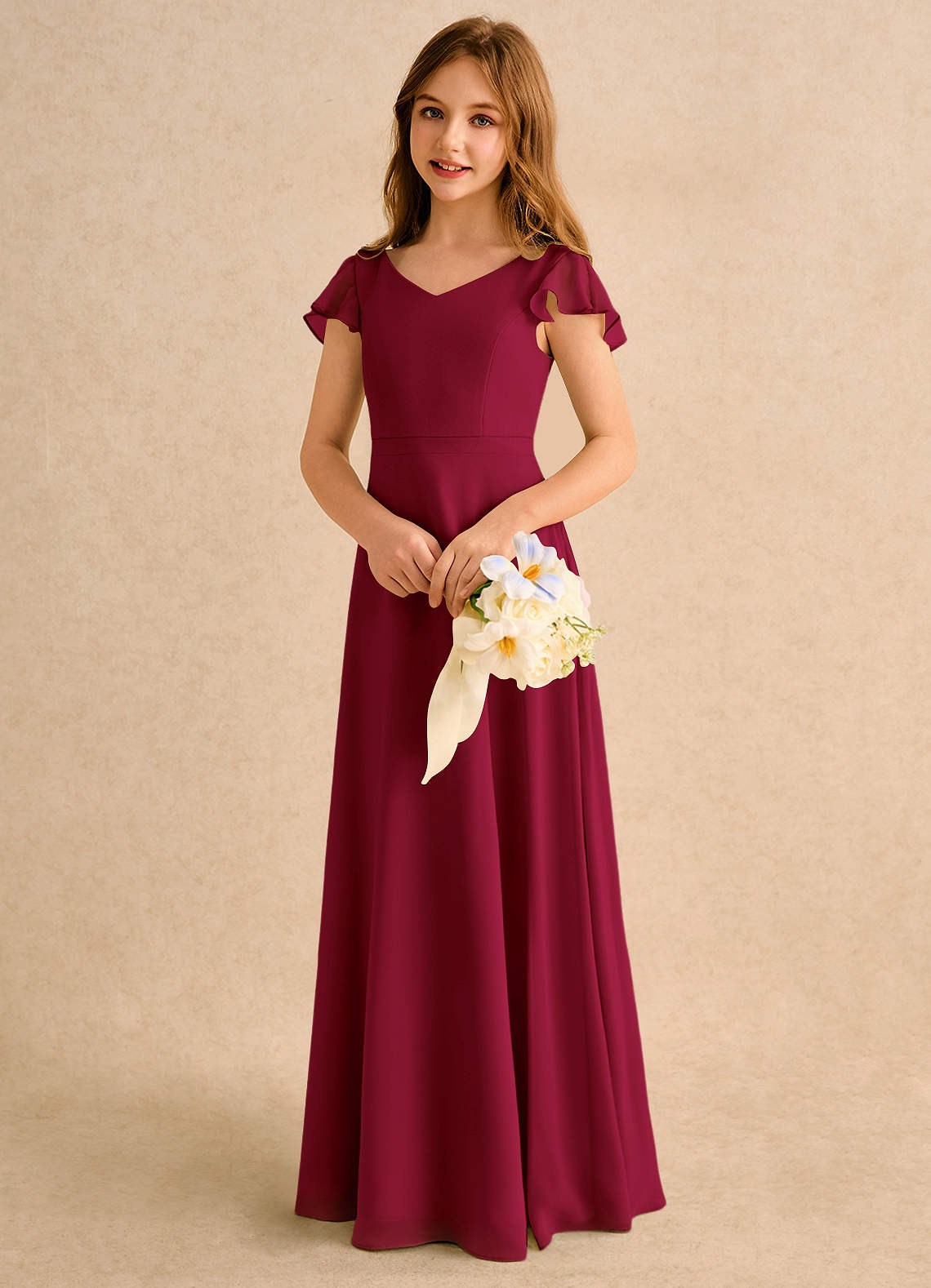Azazie Nari Girls Formal Flower Girl Dresses Burgundy A-Line with Sleeves Chiffon Dress image2