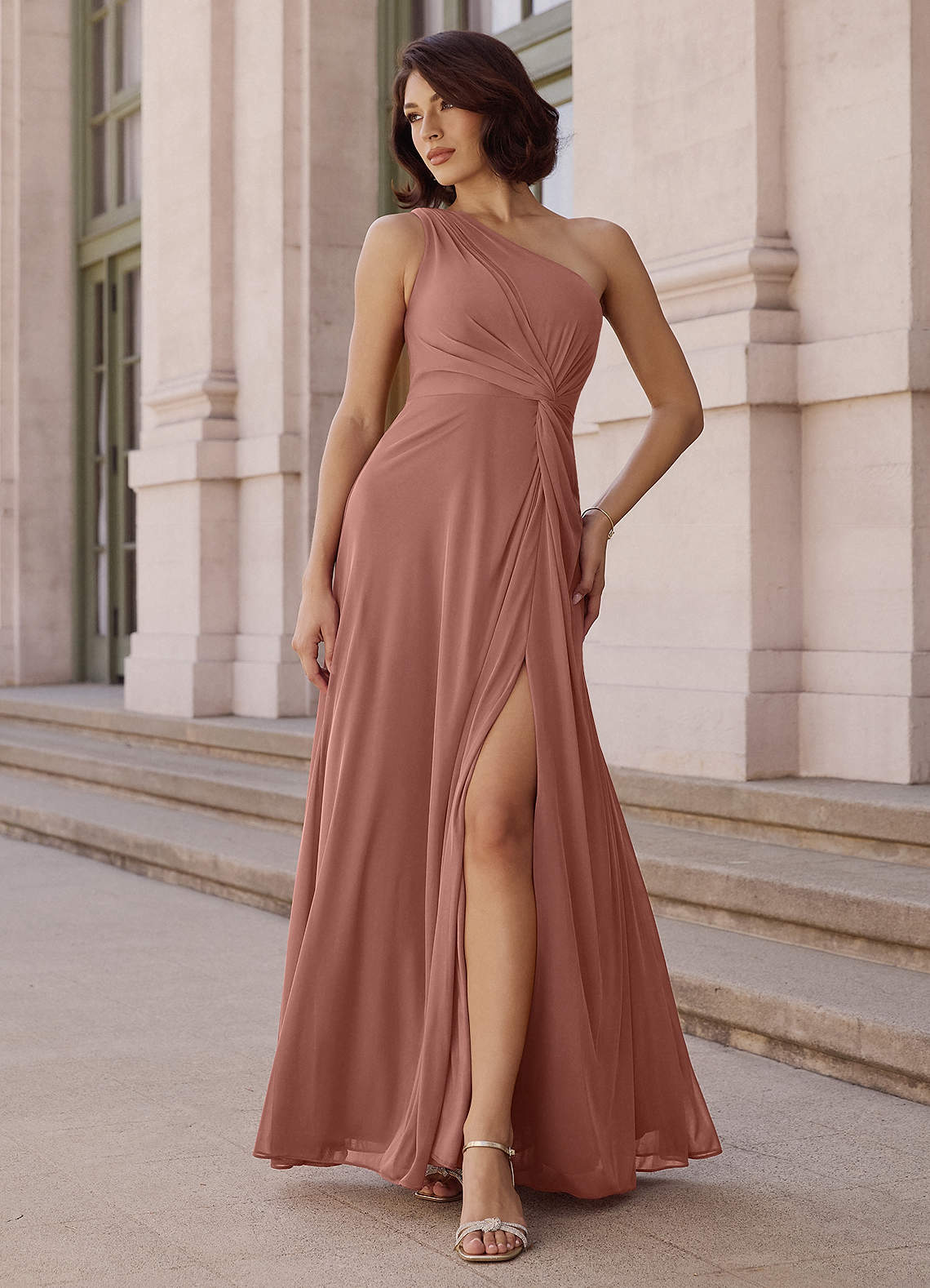 Azazie Brooke Bridesmaid Dresses Cedar Rose A-Line One Shoulder Chiffon Dress image1