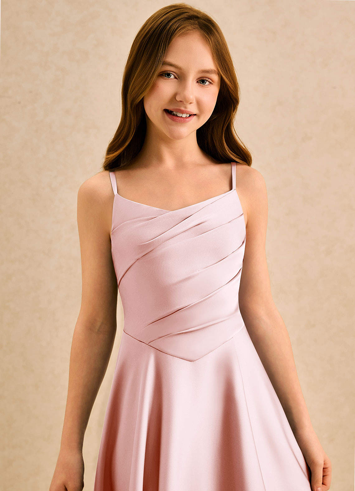 Azazie Coconut Girls Formal Sprzedaż ostateczna Linia A Pofałdowany Satyna elastyczna Długość podłogi Sukienka image5