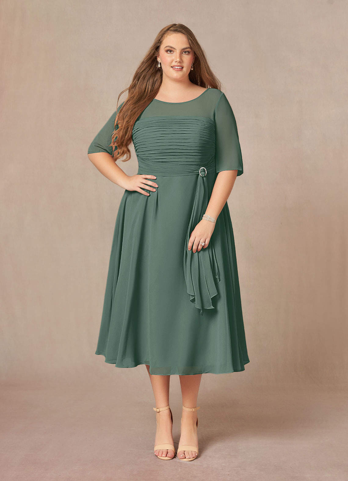 Azazie Naomi Mother of the Bride Dresses Sea Moss A-Line Boatneck Pleated Chiffon Dress image1