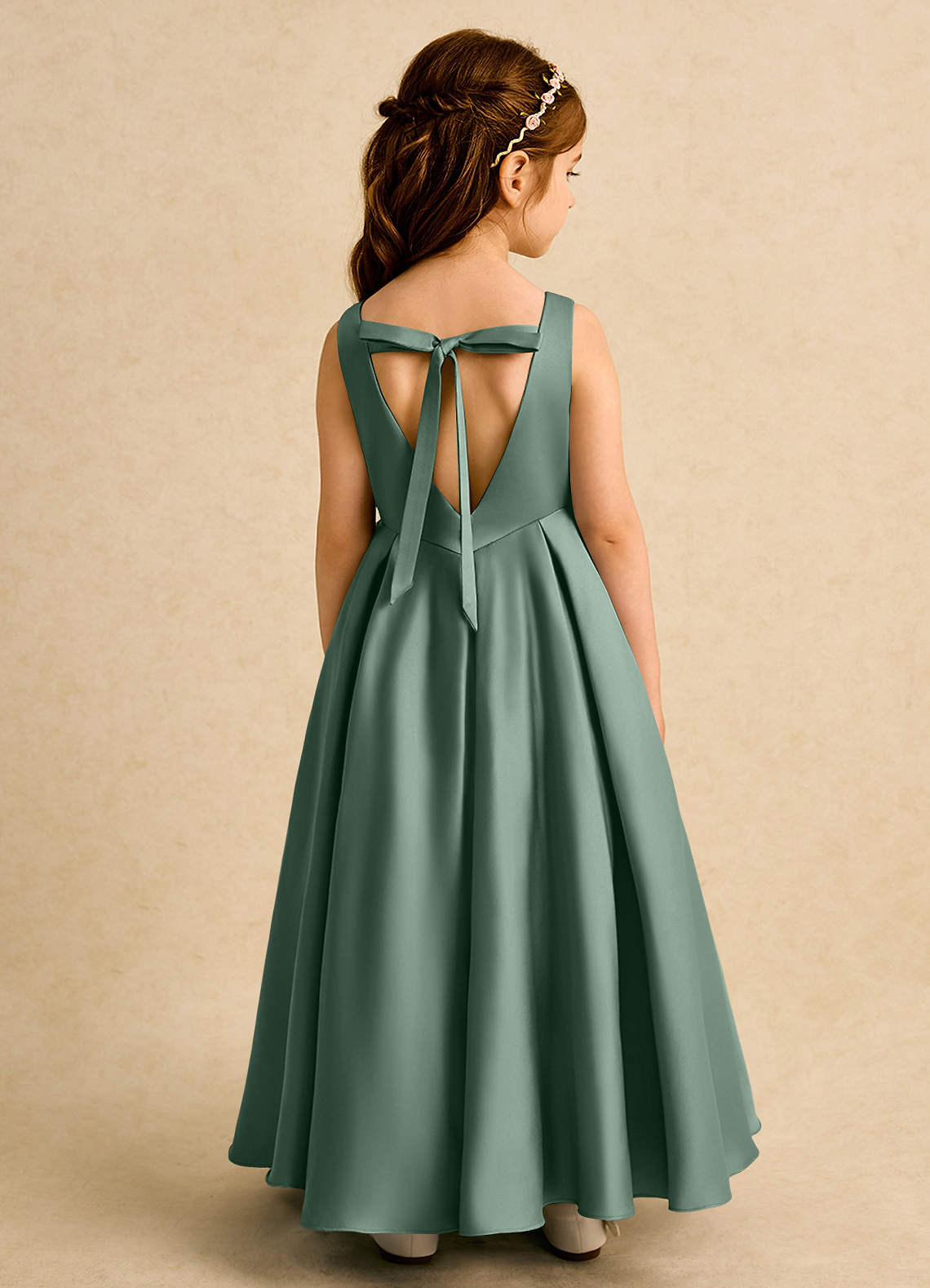 Azazie Pepper Flower Girl Dresses Eucalyptus A-Line Pleated Matte Satin Dress image1