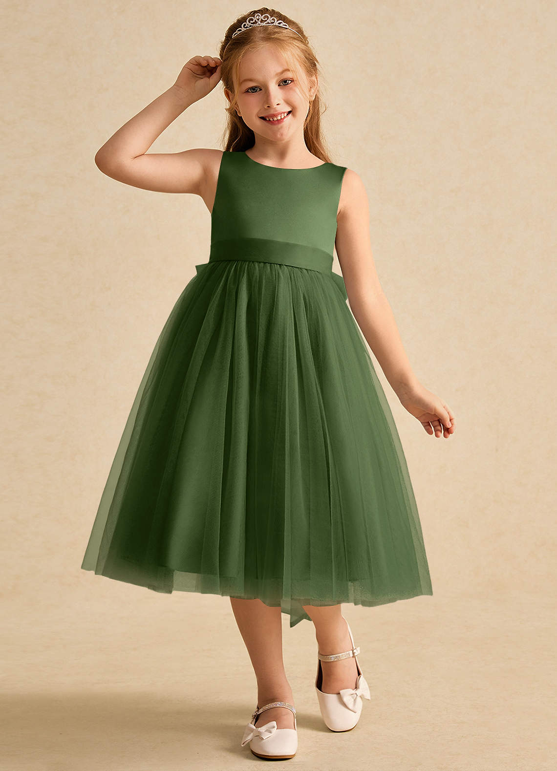 Azazie Winnie Robe Demoiselle D'honneur Fillette Robe Princesse en Tulle Arc Olive image3
