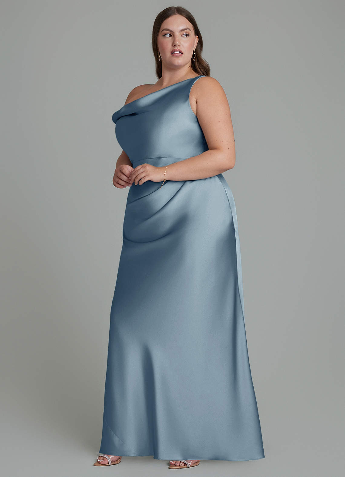Azazie Emerson Bridesmaid Dresses Dusty Blue Mermaid Off the Shoulder Stretch Satin Dress image9