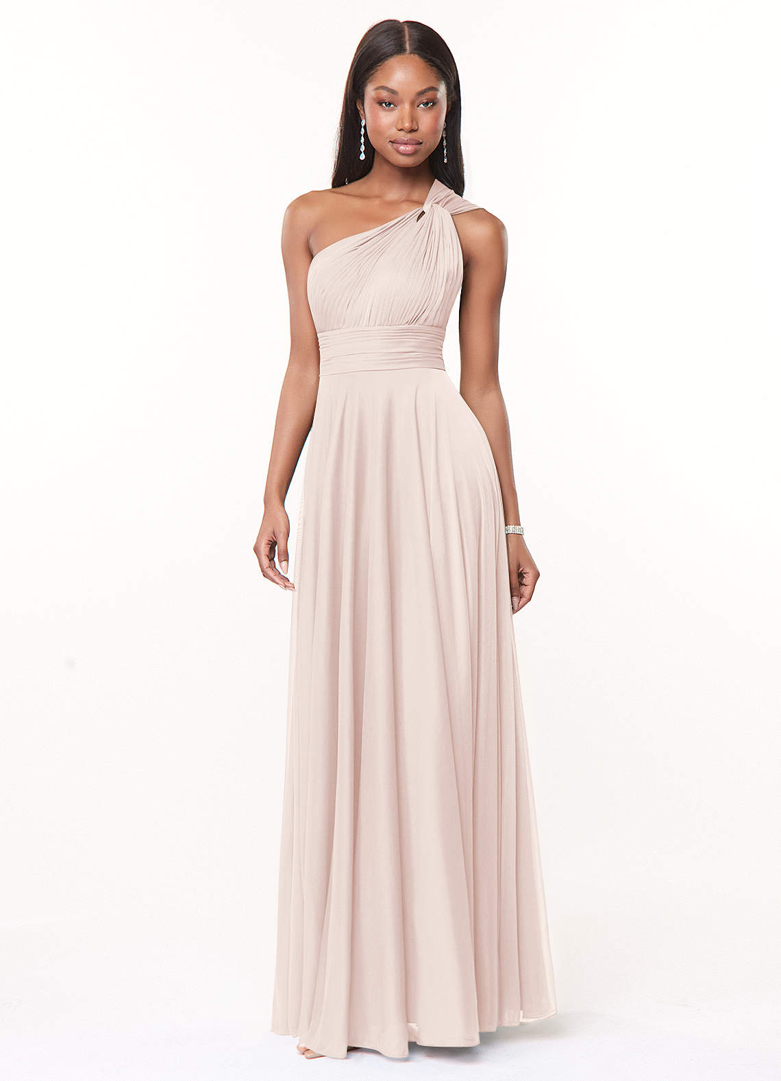 Azazie Charlize Bridesmaid Dresses Rose Petal A-Line One Shoulder Mesh Dress image2