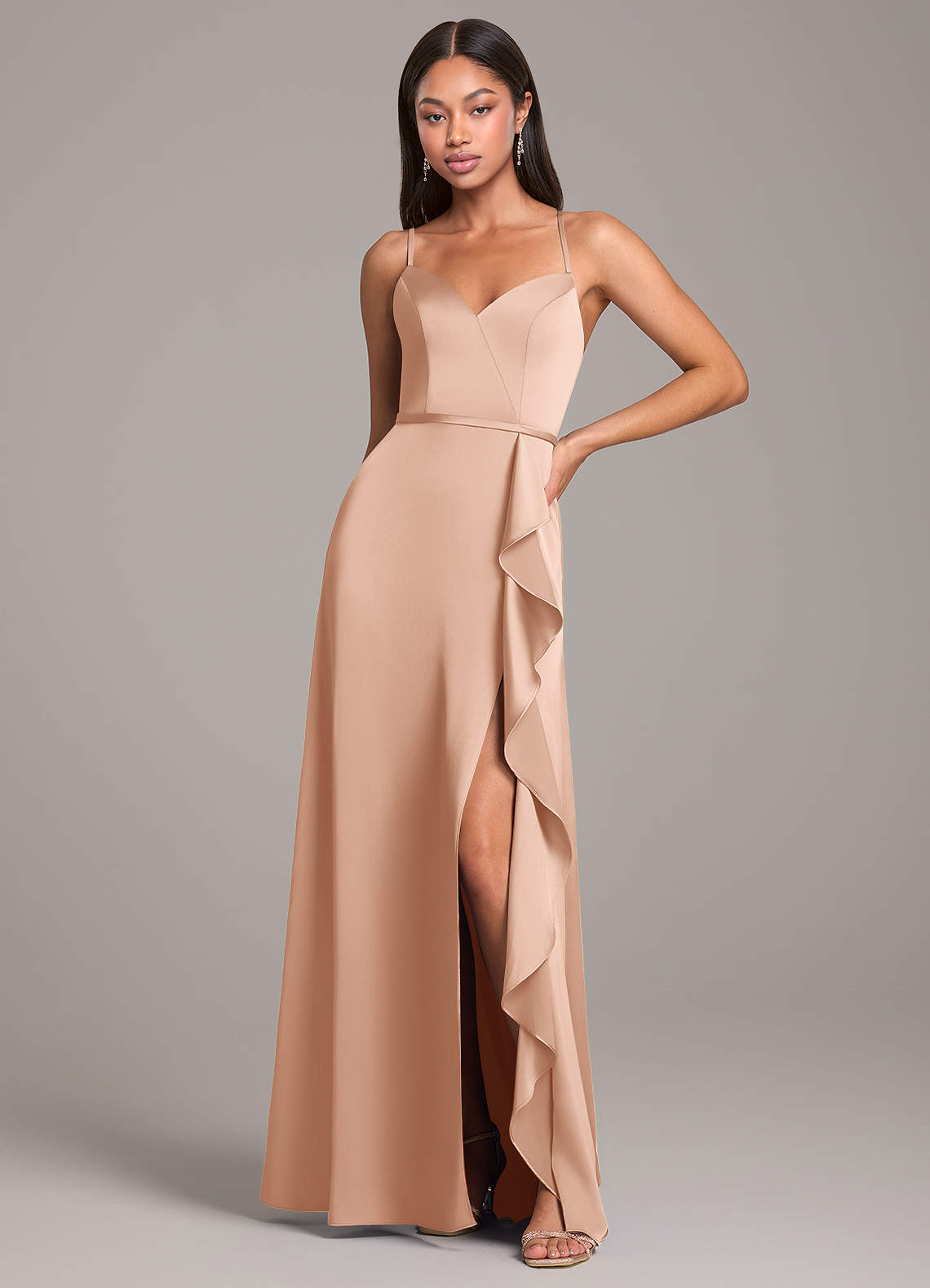 Azazie Naeem Bridesmaid Dresses Rose Gold A-Line Stretch Satin Dress image1