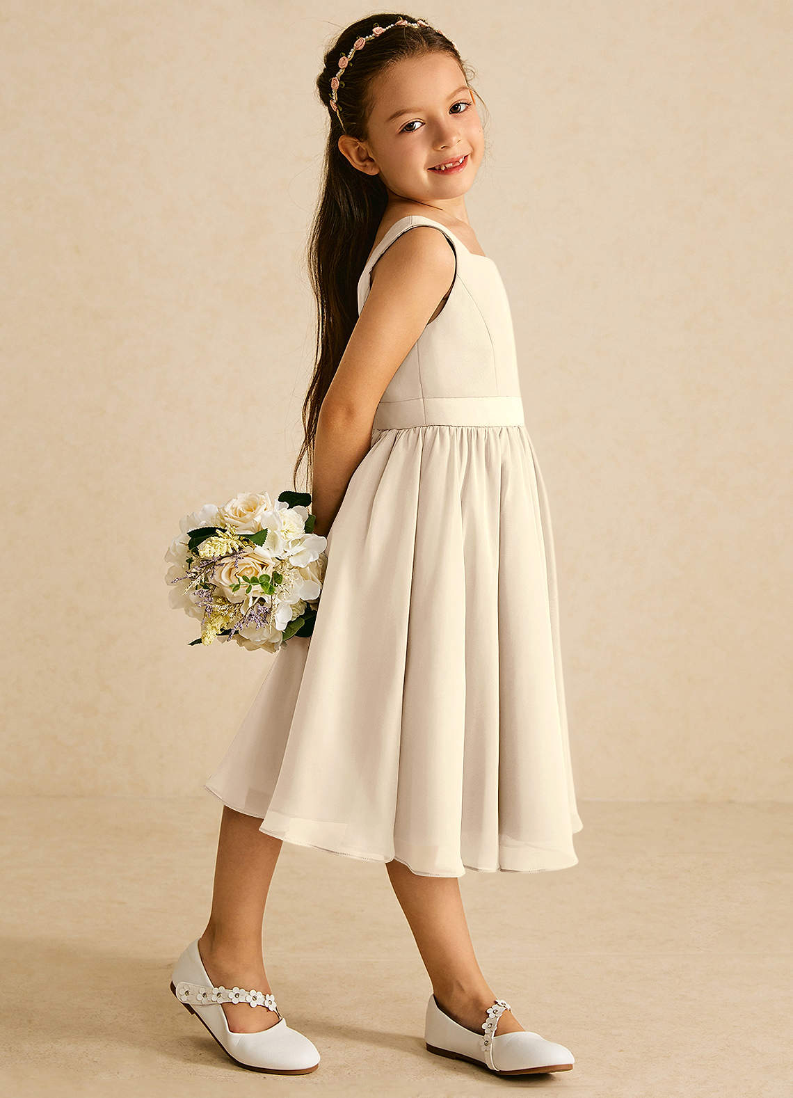Azazie Ari Flower Girl Dresses Champagne A-Line Sleeveless Chiffon Dress image2