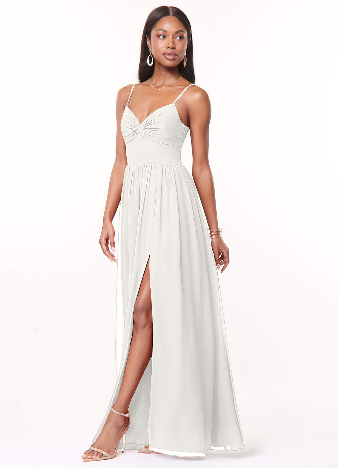 Azazie Zeya Brautjungfernkleider A-Linie V-Hals Gefaltet Chiffon Kleid Weiß image3