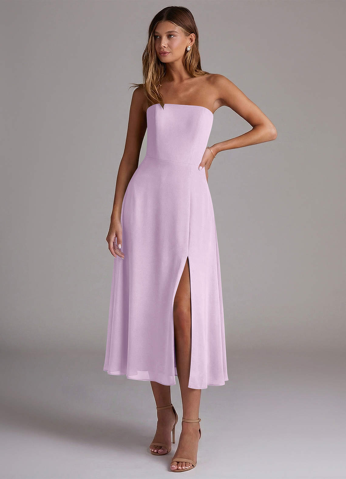 purple tea length bridesmaid dresses Azazie Wren Frosted Lilac Chiffon Color:Blush Bengaline