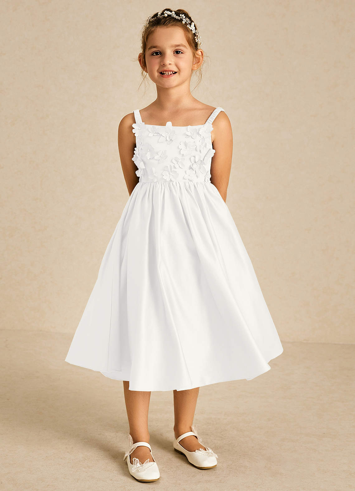 Azazie Midge vestidos de niña de las flores Vestido de Marfil de Satin Mate de Corte En A con Lazo image1