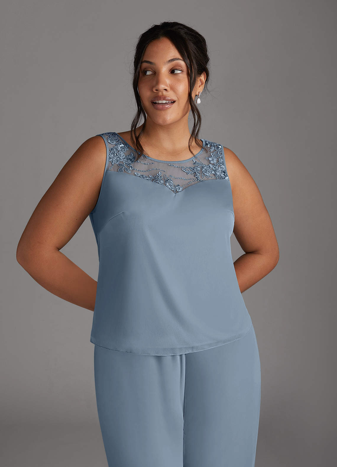 Azazie Frances Mother of the Bride Dresses Dusty Blue Jumpsuit/Pantsuit Scoop Mesh Dress image9