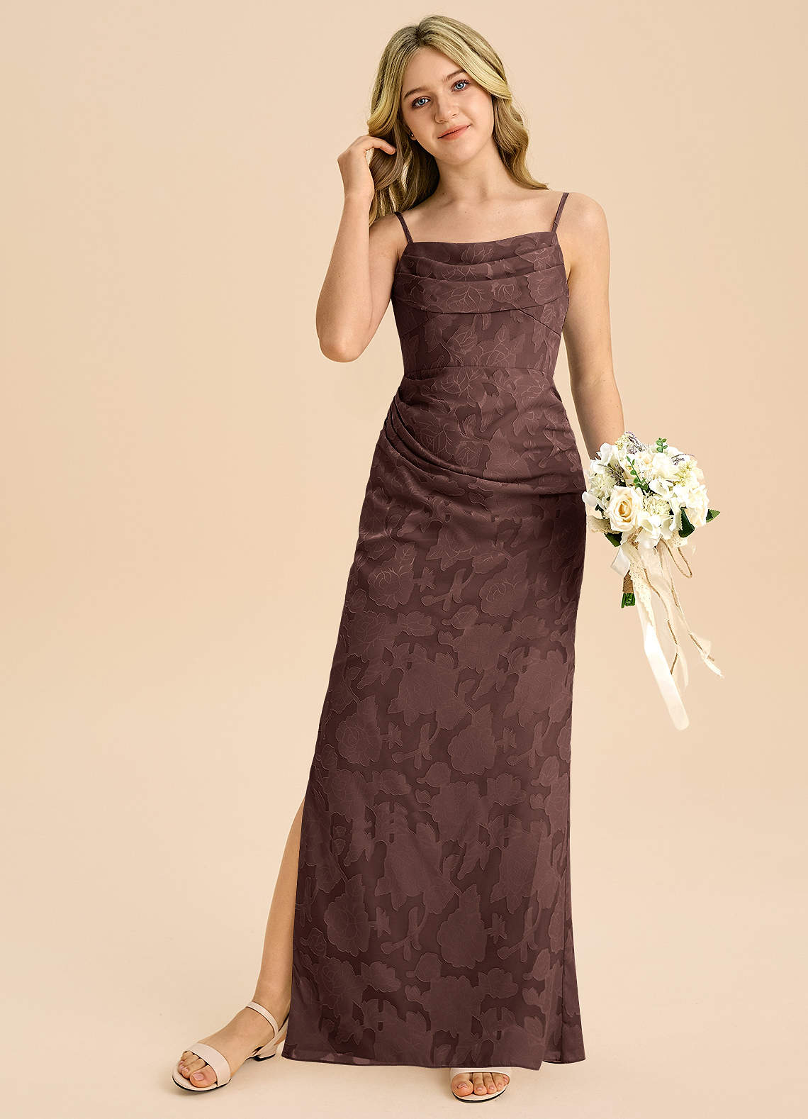 Azazie Mai Junior Espresso Sheath Pleated Floral Burnout Dress image2