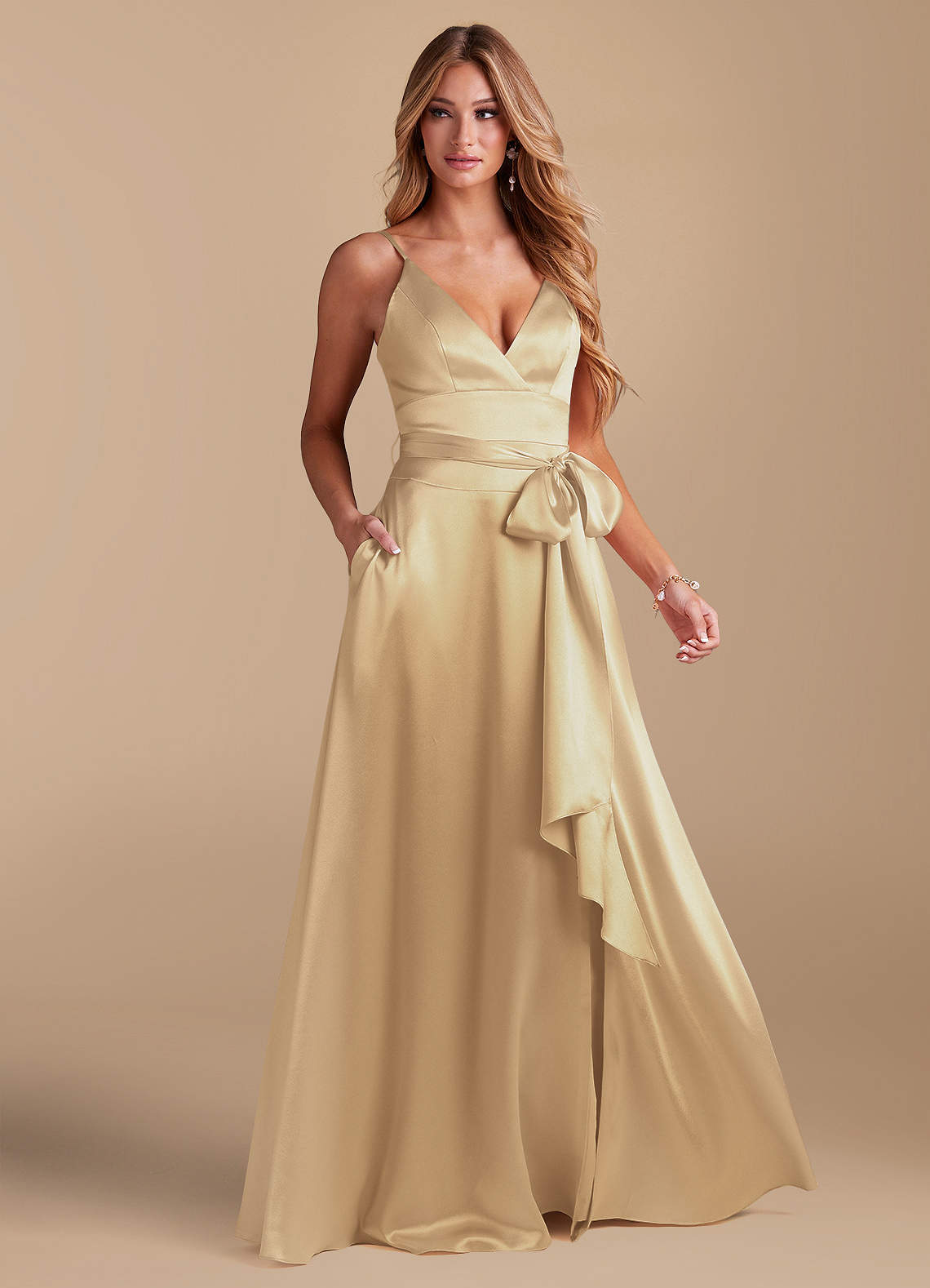Azazie Sophia Bridesmaid Dresses Champagne A-Line with Pockets Metallic Satin Dress image1