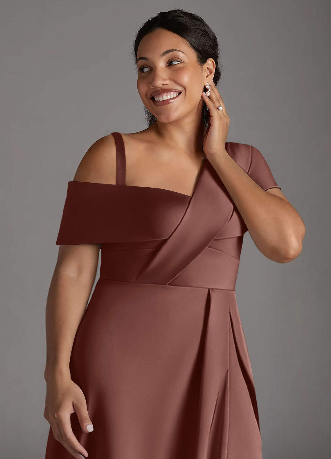Azazie Milton Mother of the Bride Dresses Espresso A-Line Pleated Stretch Satin Dress image13