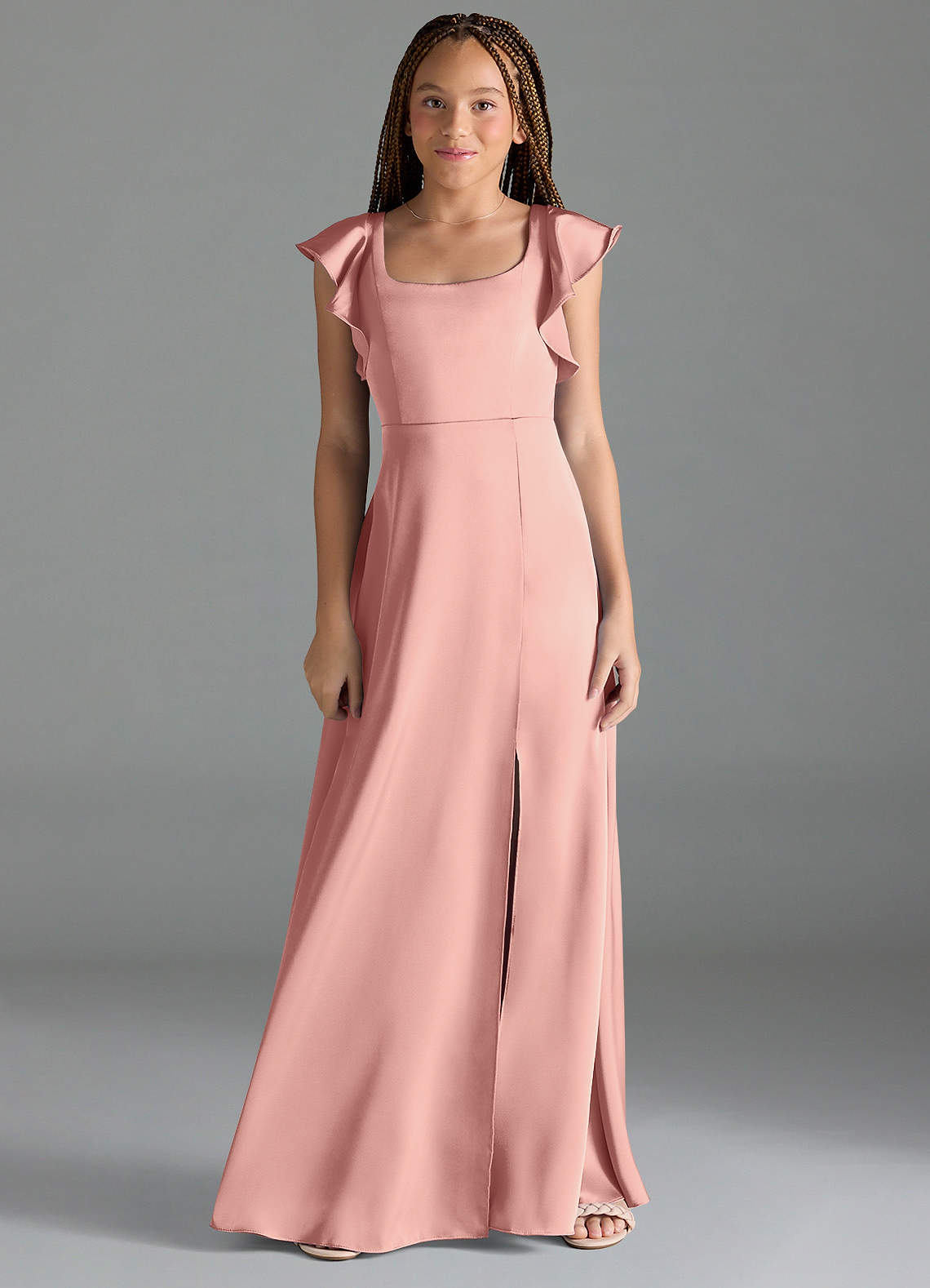 Azazie Bondi Junior Rosette A-Line Side Slit Stretch Satin Dress image1
