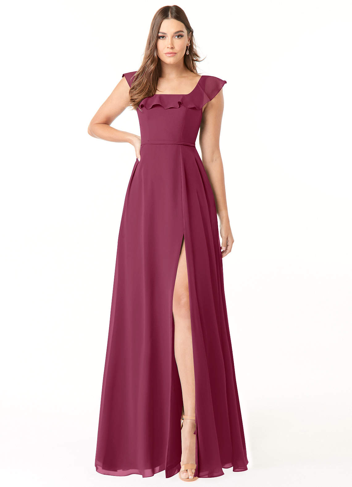 Azazie Jinny Bridesmaid Dresses Mulberry A-Line Square Neckline Ruched Chiffon Dress image1