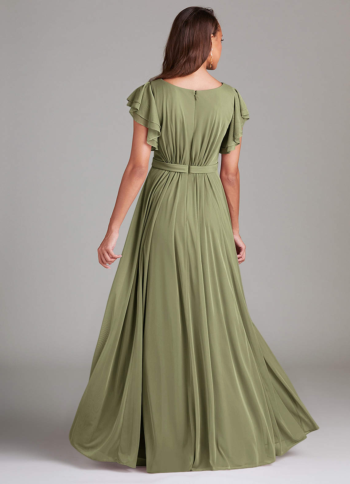 Azazie Daphne At-home Try On Dresses A-Line Ruched Mesh Floor-Length Dress image1