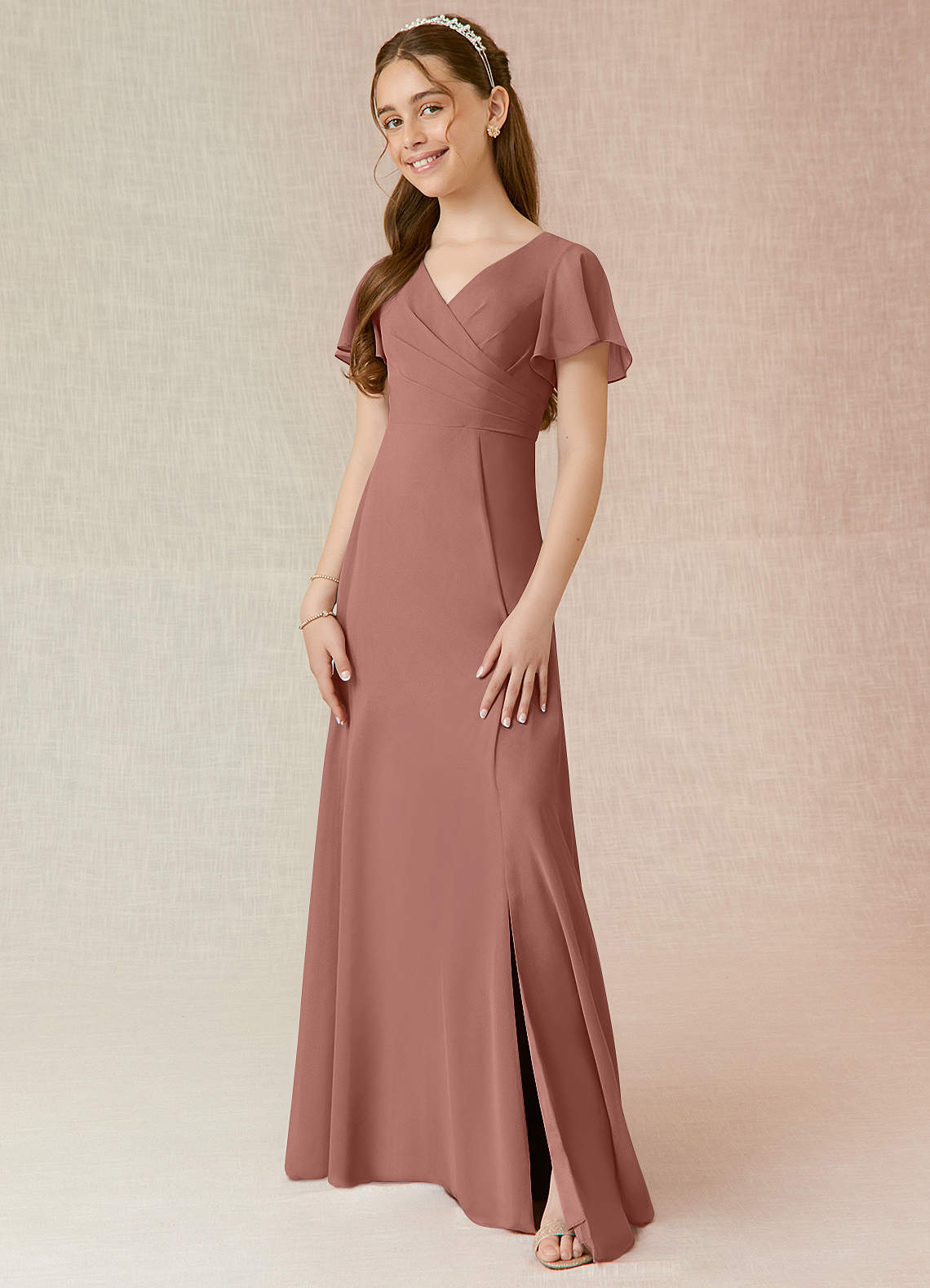 Azazie Induh Junior Cedar Rose A-Line Ruched Chiffon Dress image1