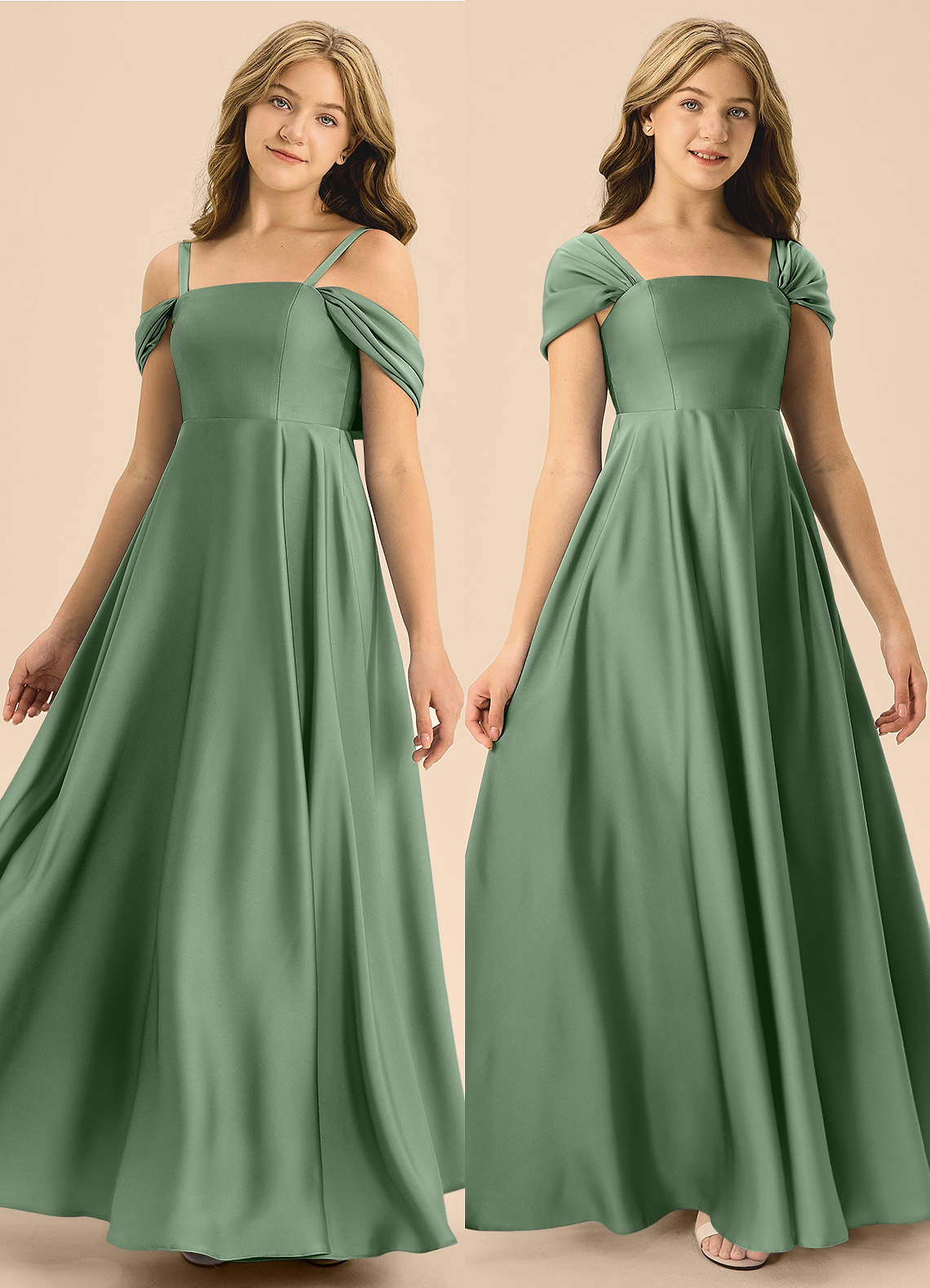 Azazie Rowena Junior Robe Trapèze en Satin extensible Arc Matcha image1