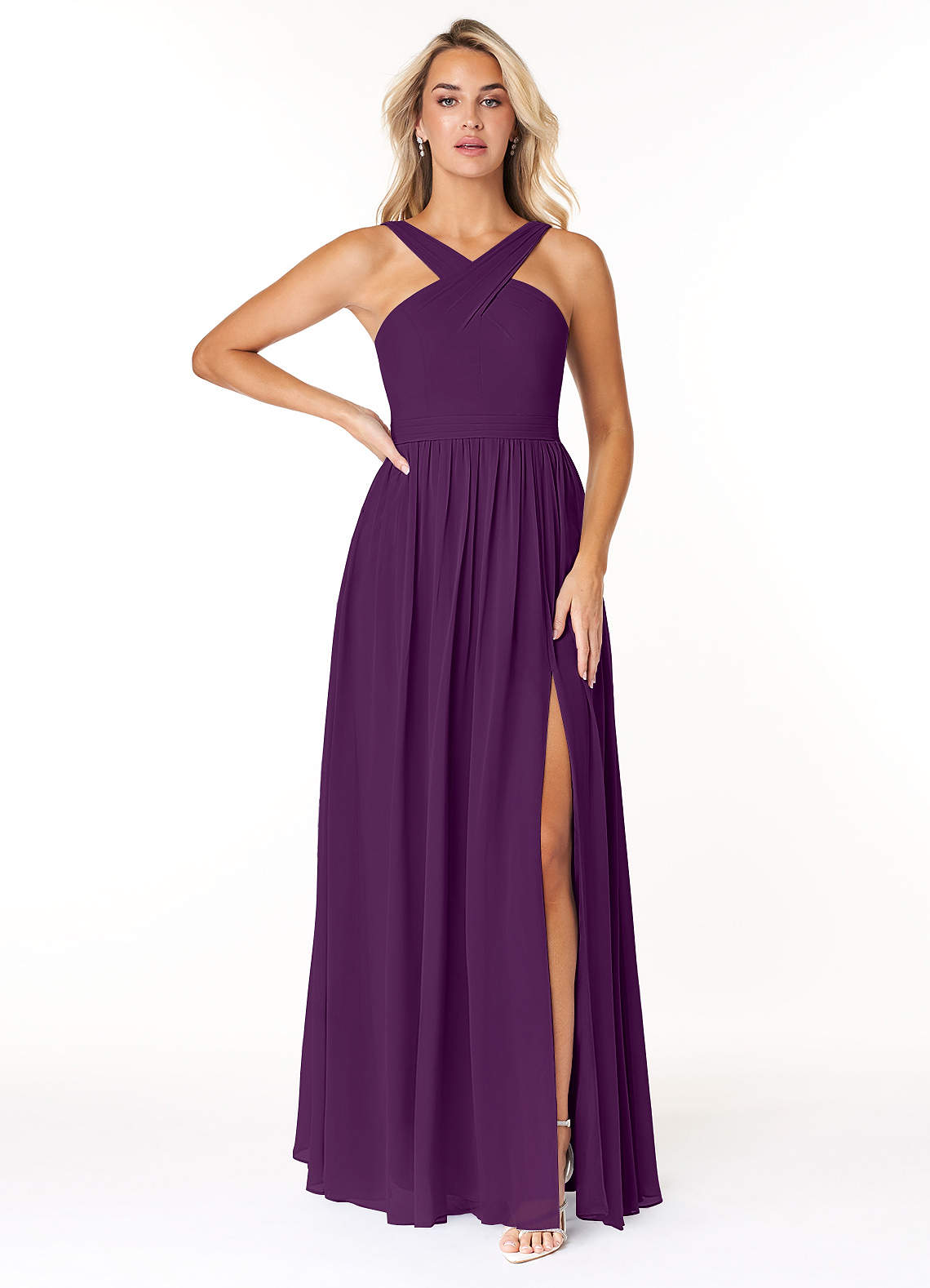 Azazie Elvira Bridesmaid Dresses Grape A-Line Pleated Chiffon Dress image1