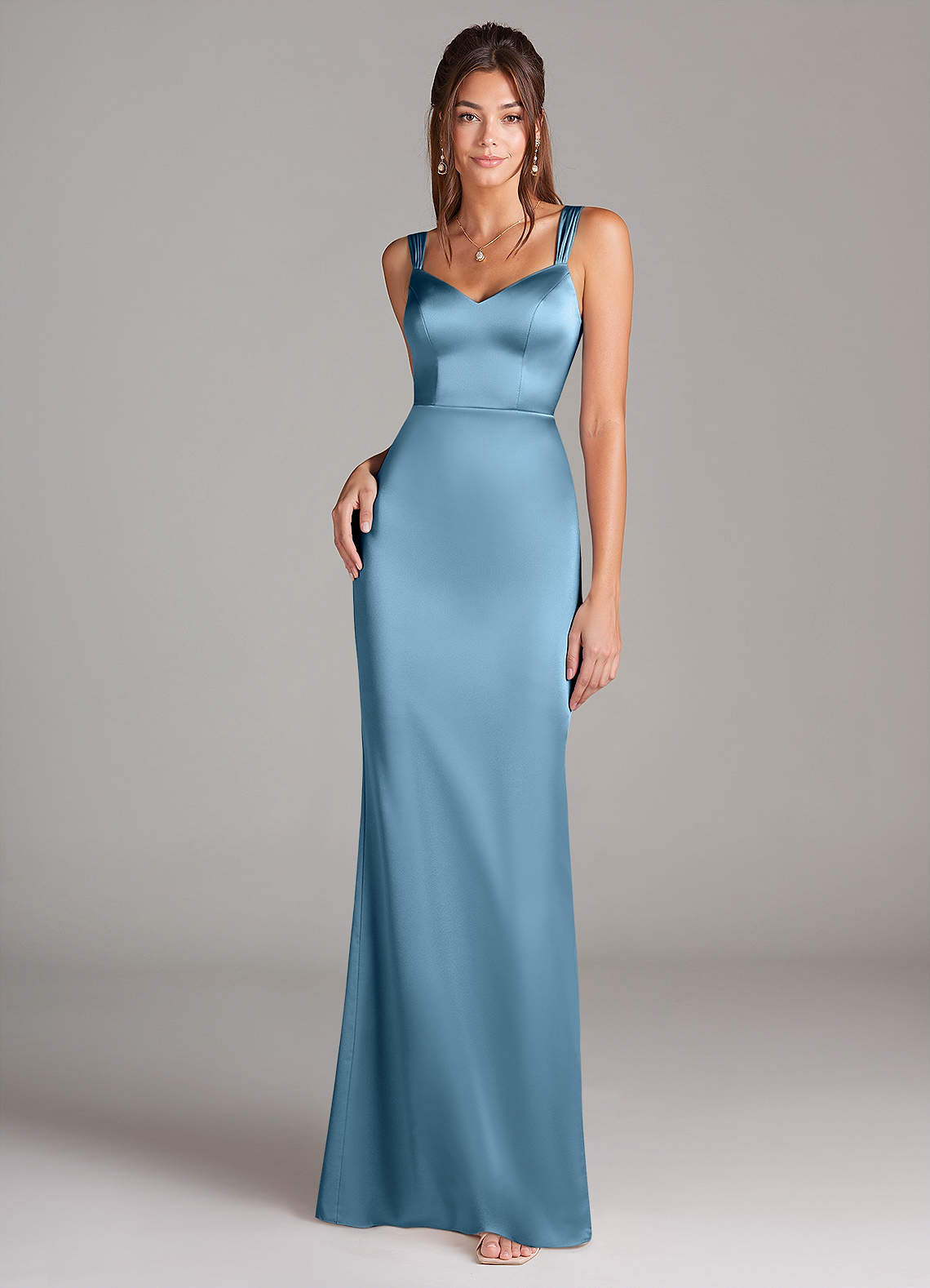 Azazie Denice Bridesmaid Dresses Steel Blue Sheath Pleated Stretch Satin Dress image2