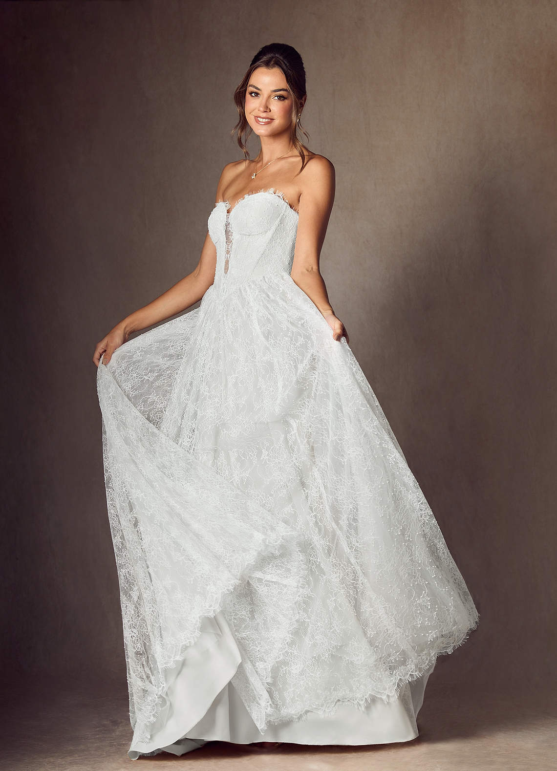 Azazie Lorena Wedding Dresses Diamond White A-Line Strapless Lace Dress image5