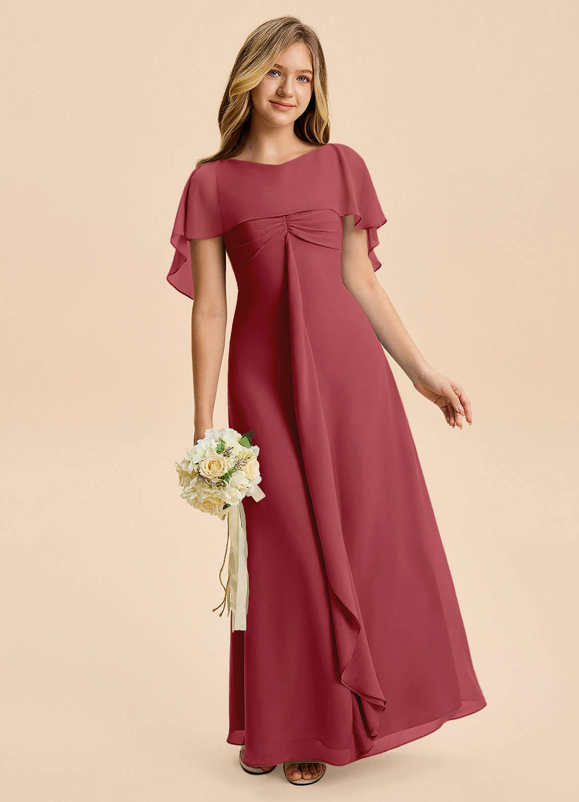 Azazie Selena Junior Pomegranate A-Line Ruched Chiffon Dress image2