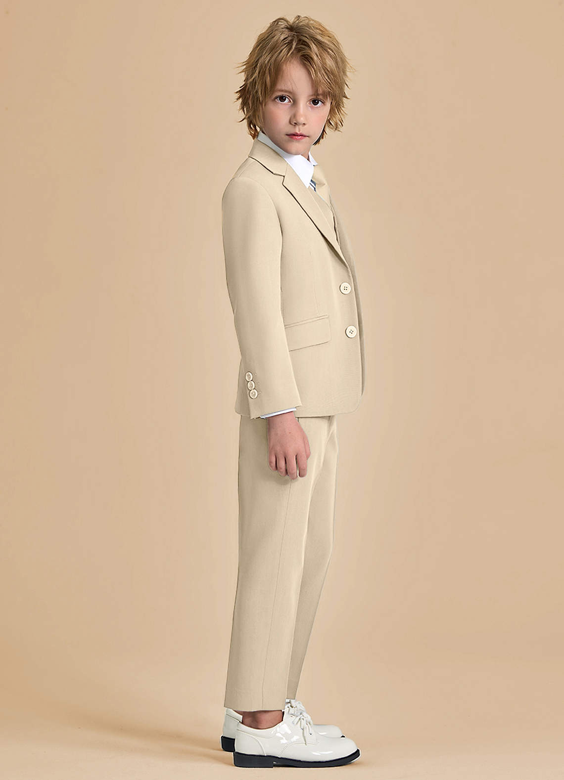 front Oliver Boys Tan 5-Piece Suit With Pre-tie